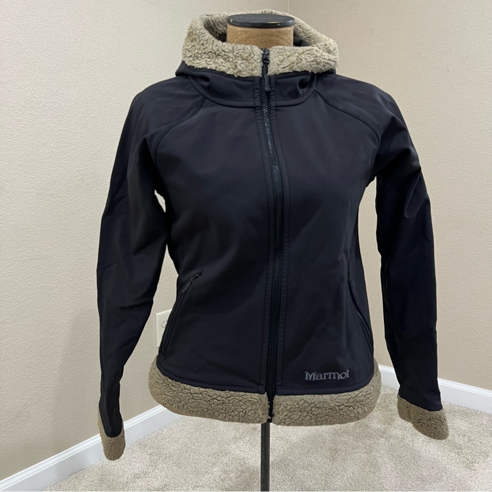 Marmot Full Zip Soft shell Hooded Jacket Black Faux Fur Women Medium,